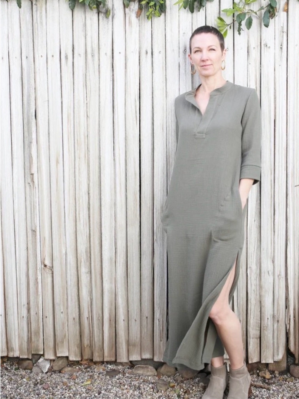 Essentia by Susan Tyler Cotton Gauze Maxi Dress Olive V-Neck Size L